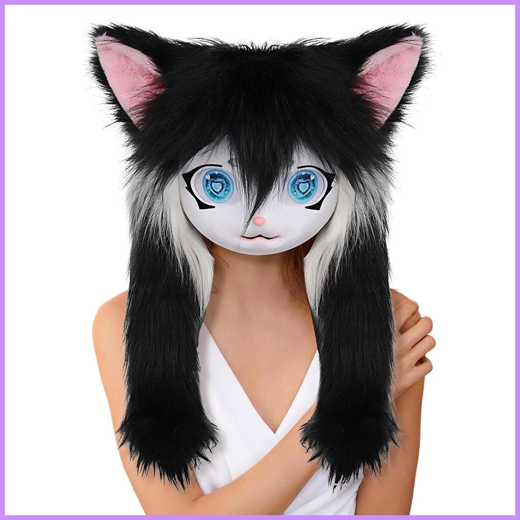 Furry Head สัตว์ Cat Head Masque ตาโตผมยาวสมจริงเครื่องแต่งกายอุปกรณ์เสริมคอสเพลย์ Props สําหรับ The