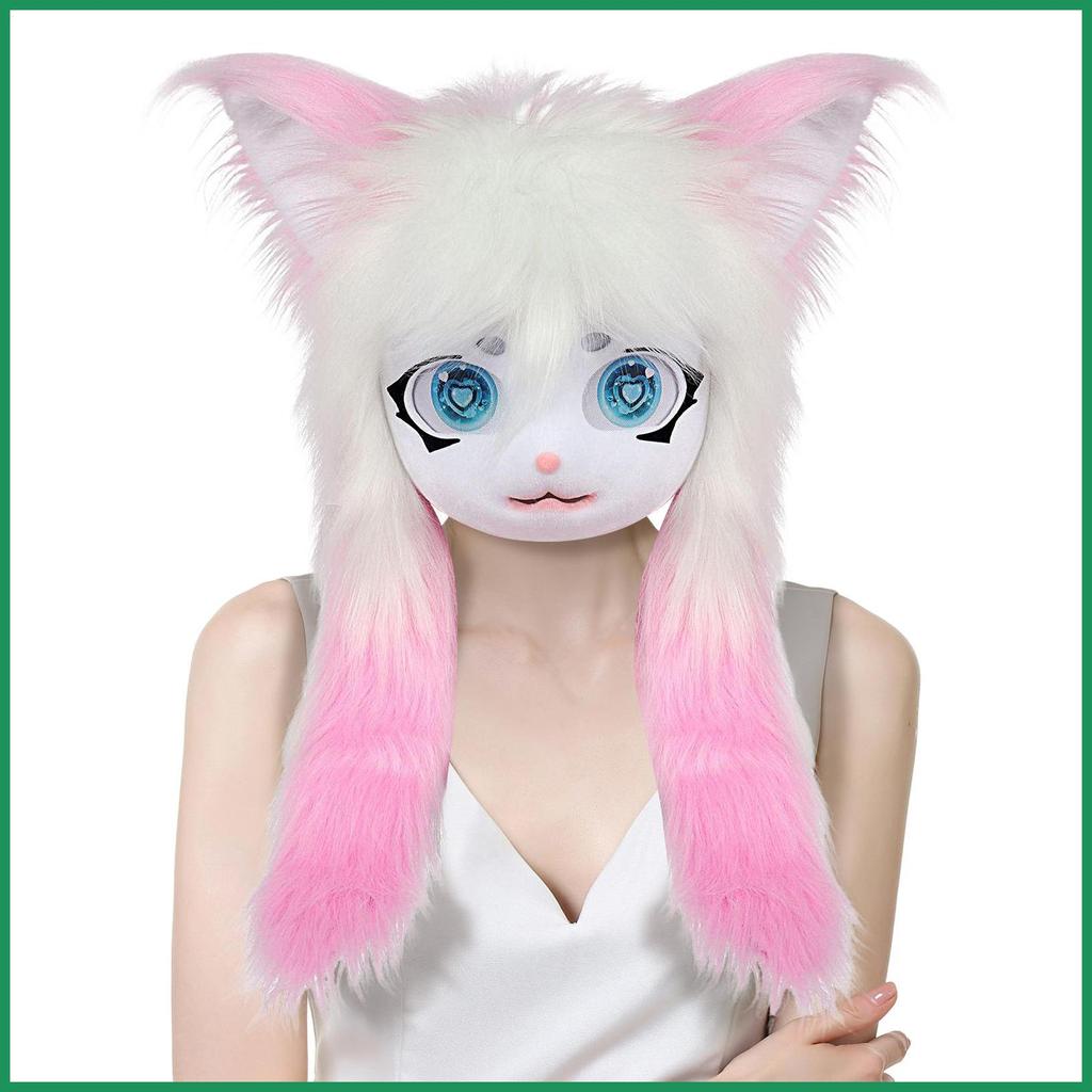 Furry Head Big Eyes ผมยาว Cat Full Head Masque สมจริงเครื่องแต่งกายอุปกรณ์เสริมคอสเพลย์ Props สําหรั