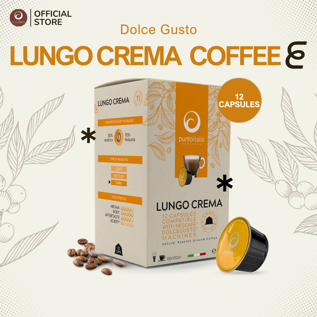 กาแฟแคปซูล LUNGO CREMA สำหรับเครื่อง DOLCE GUSTO® (12 แคปซูล) (PUNTO ITALIA ESPRESSO BRAND)