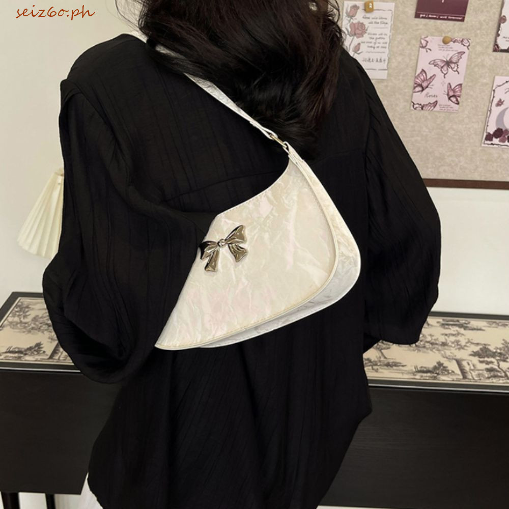 SEIZ6O Bowknot Armpit Bag, Korean Pu Leather Bow Underarm Bag, Fashion Y2k Solid Color Sweet Womens 