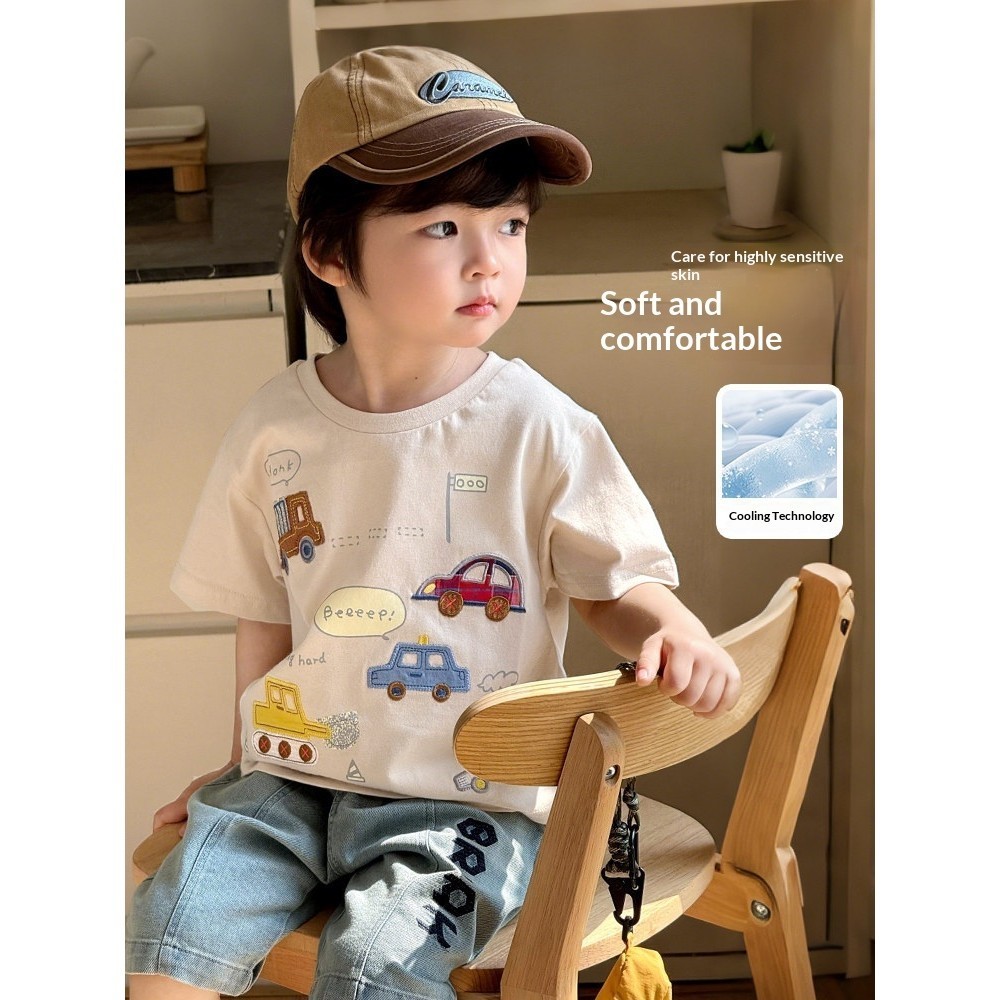 【จัดส่งภายใน 24 ชั่วโมง】 เสื้อยืดเด็ก / ลายรถยนต์ / ผ้าฝ้าย 100% / เหมาะสำหรับเด็กอายุ 1-12 ปี