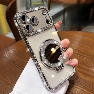 เคสเพชรประกายสําหรับ IPhone 17 16 15 13 14 12 11 Pro Max Plus Air พร้อมกระจกแม่เหล็กขาตั้งป้องกันกล้องเต็มรูปแบบ | ดีไซน์ประกายแวววาวหรูหราสําหรับผู้หญิง