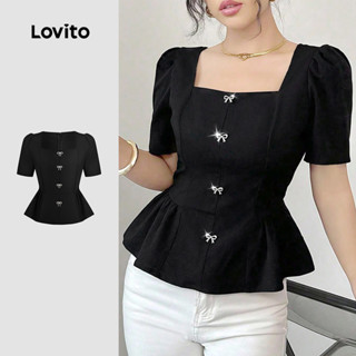 Lovito เสื้อบลาวส์หรูหรา ประดับเพชรระย้าหน้ากระดุมจีบ ชุดฤดู…