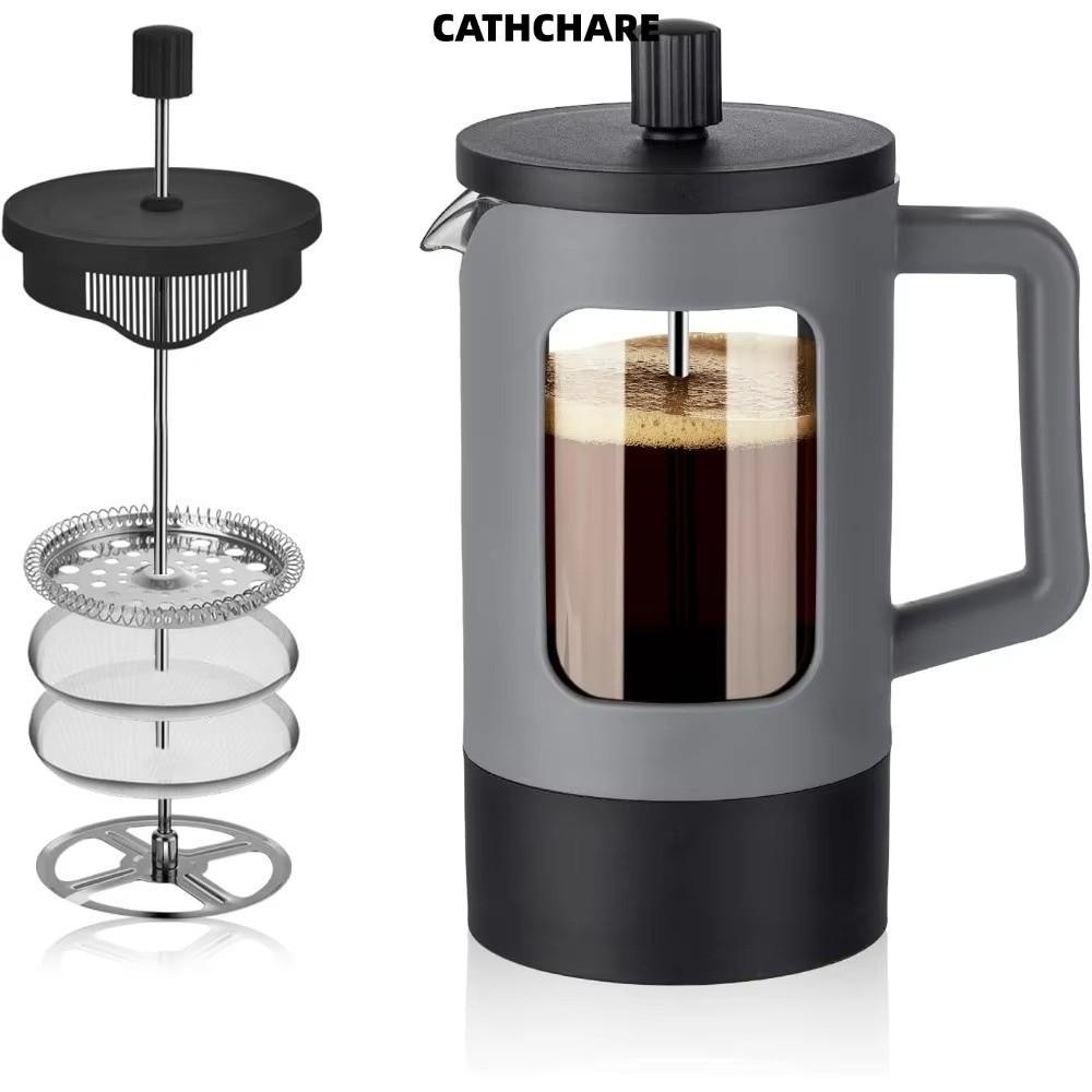 CATHCHARE294 เครื่องชงกาแฟ French Press, แก้ว Borosilicate 600ml Tea Coffee Brewer, แบบพกพาป้องกันสน