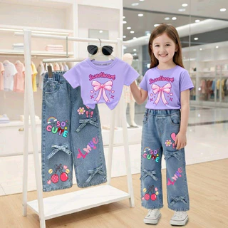 ชุดเซ็ทเด็ก เสื้อสกรีนลายสุดฮิต+กางเกงยีนส์แท้สกรีนลายแต่งโบว์