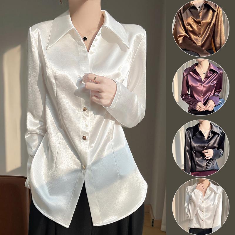 เสื้อเชิ้ตชาดินแขนยาว สีพึ้นดีไซน์งานเย็บเก็บเอว สวยหรูสไตล์ฝรั่งเศส แมตช์ง่าย-พร้อมส่งจากไทย-รุ่น99305