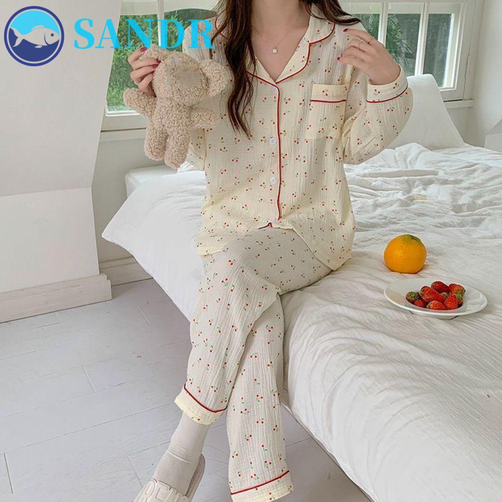SANDR Cherry Pyjamas Women, Ruffle Nightdress Sweet Pyjamas Suit, Cute Lapel Loose Two Piece ชุดนอนช