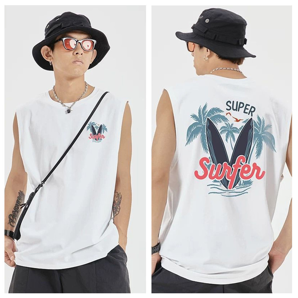 เสื้อกั๊กแบบคอลูกเรือ ทำจากผ้าฝ้ายแท้อเมริกันสไตล์ ลายเสื้อยืดแขนกุด แนวแฟชั่นสำหรับผู้ชาย ในสไตล์ลำลองและสวมใส่ง่ายในฤดูร้อน