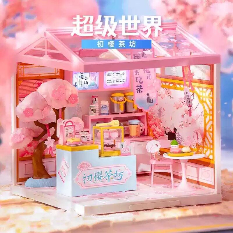 Rolife Ruolai First Sakura Tea Shop DIY Hut Hand-Assemped ของเล่นของขวัญวันเกิดหญิง