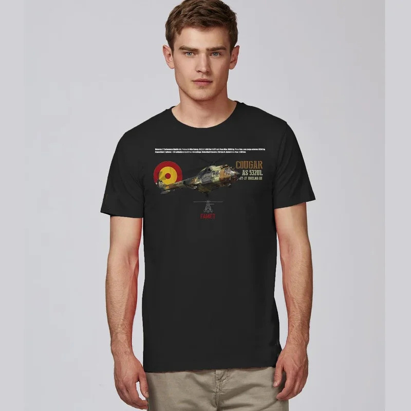 เสื้อยืดเฮลิคอปเตอร์ FAMET AS-532 UL Cougar ของกองทัพสเปนเสื้อยืดคอกลมแขนสั้นผ้าฝ้ายสำหรับผู้ชาย รุ่