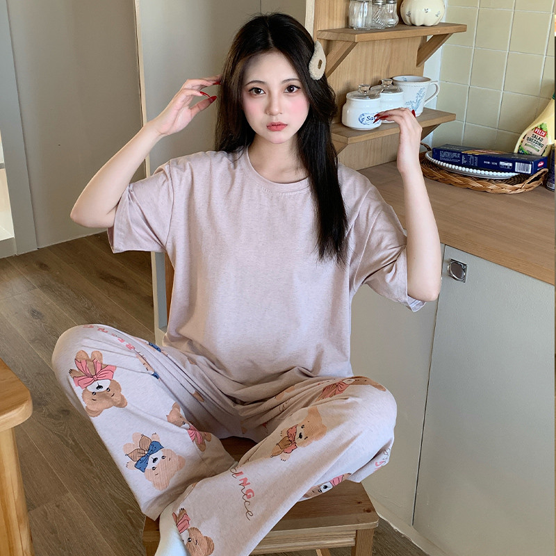 [ความงาม] 5624#纯棉睡衣女夏季纯棉短袖长裤休闲家居服套装