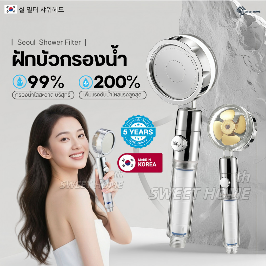 (ใหม่)ฝักบัวกรองน้ำเกาหลี มีใบพัดแรงดันสูง หมุนได้ 360° แถมฟรีไส้กรองฝักบัว ฝักบัวขนาดใหญ่ สปาผิว Seoul Stone Pure Rain