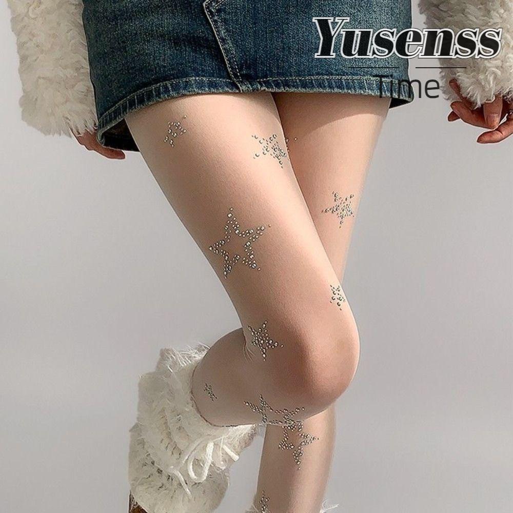 YUSEN Pantyhose สไตล์ Y2K ต้นขามีความสูง ลายระบายแบบพริสม่าและคริสตัล