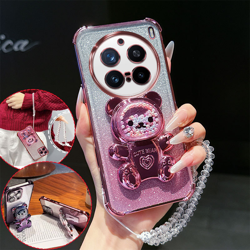 4 มุมกันกระแทกเคสโทรศัพท์น่ารัก 3D หมีขาตั้งคริสตัล Lanyard Glitter โปร่งใสสําหรับ vivo X200 Pro สํา