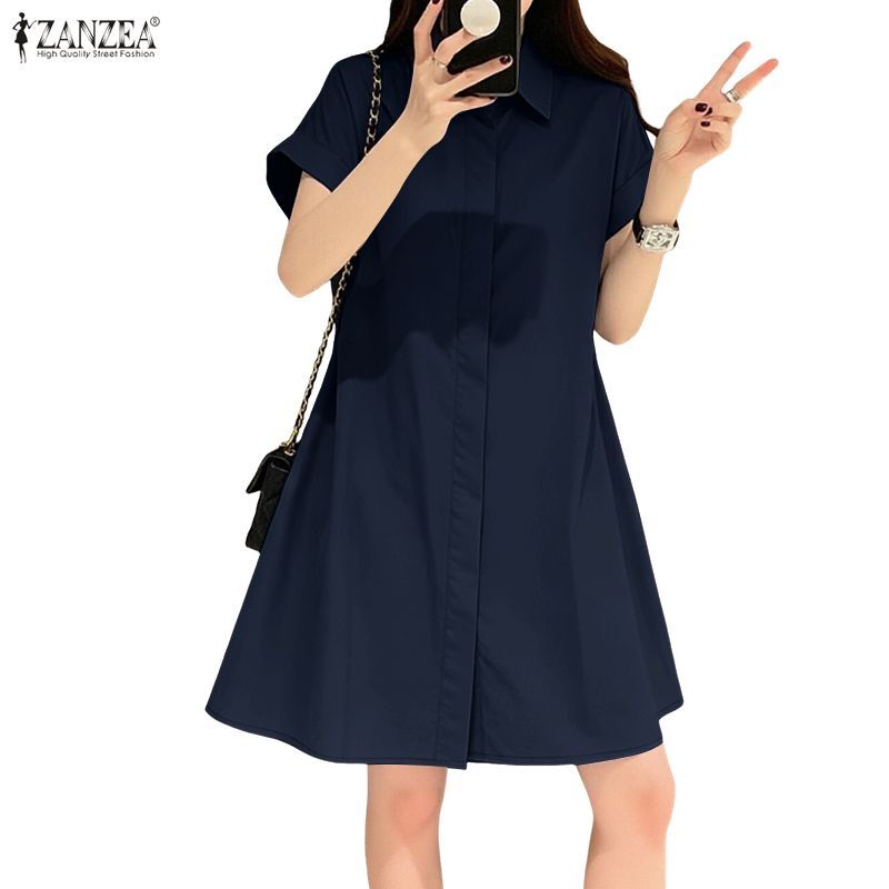 ZANZEA ผู้หญิงเกาหลีสํานักงานชุดลําลอง Turn-Down-Collar แขนสั้น Single-Breasted A-Line เสื้อชุด