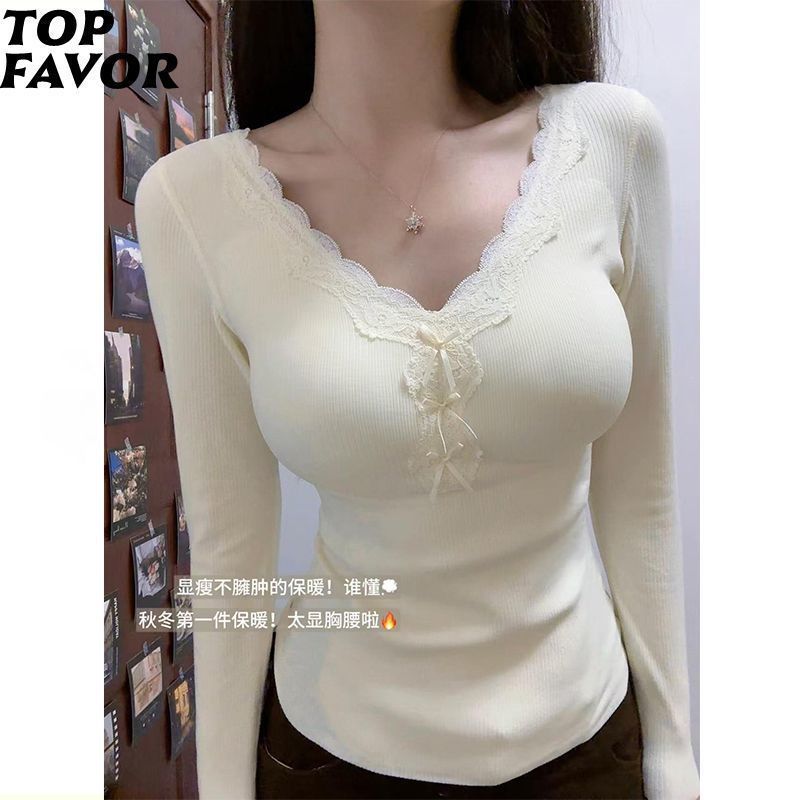 AQ2H ผู้หญิงฤดูใบไม้ร่วงฤดูหนาวใหม่ Deude ลูกไม้ V คอติดตั้ง Slim Fit ความร้อนขนแกะชุดชั้นในเสื้อยืด