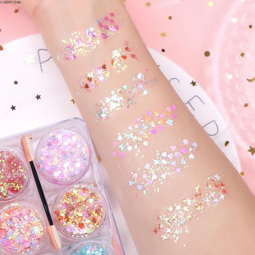19VJKEPSHOP 6 ชิ้น/เซ็ต Body Nail Glitter Gel, Face Hair Festival Glitter Eye Glitter Gel, แฟชั่น Sparkly สีสันหัวใจ Star Moon Sequins อายแชโดว์เลื่อม Face Body ตกแต่ง