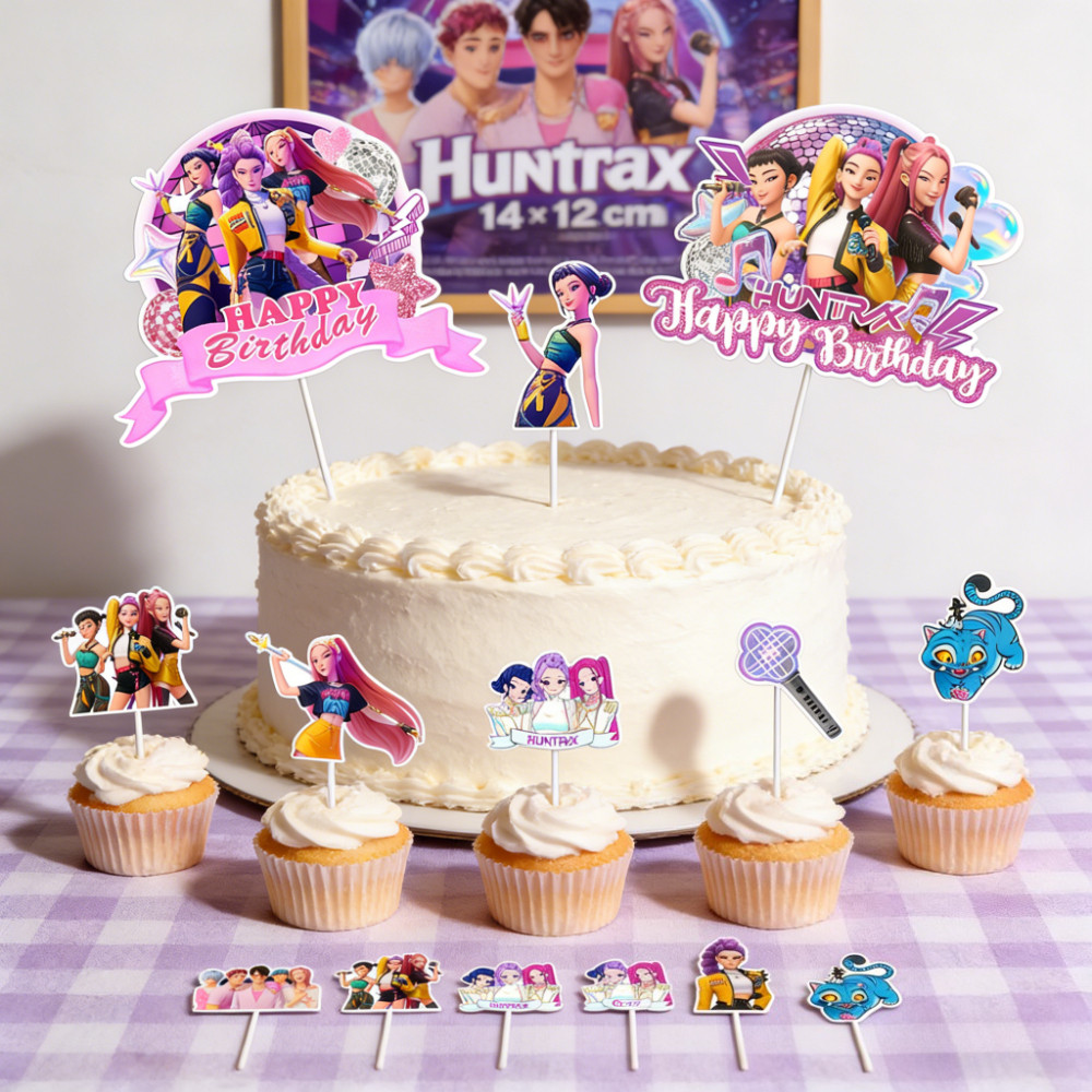 Huntrax Anime-Themed Cake Toppers (8-Pack) | ตัวละครและพร็อพตกแต่งกระดาษสําหรับโต๊ะของหวาน