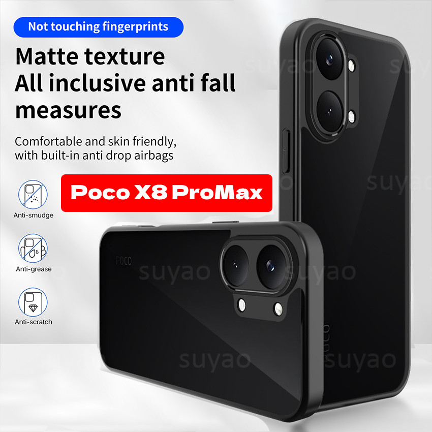 สําหรับ Xiaomi Poco X8 Pro Max ProMax 2026 เคสโทรศัพท์ Matte Frosted สีดํากันกระแทก PC TPU ปลอก PocoX8ProMax PocoX8Pro โปร่งใสใสป้องกันปกหลัง