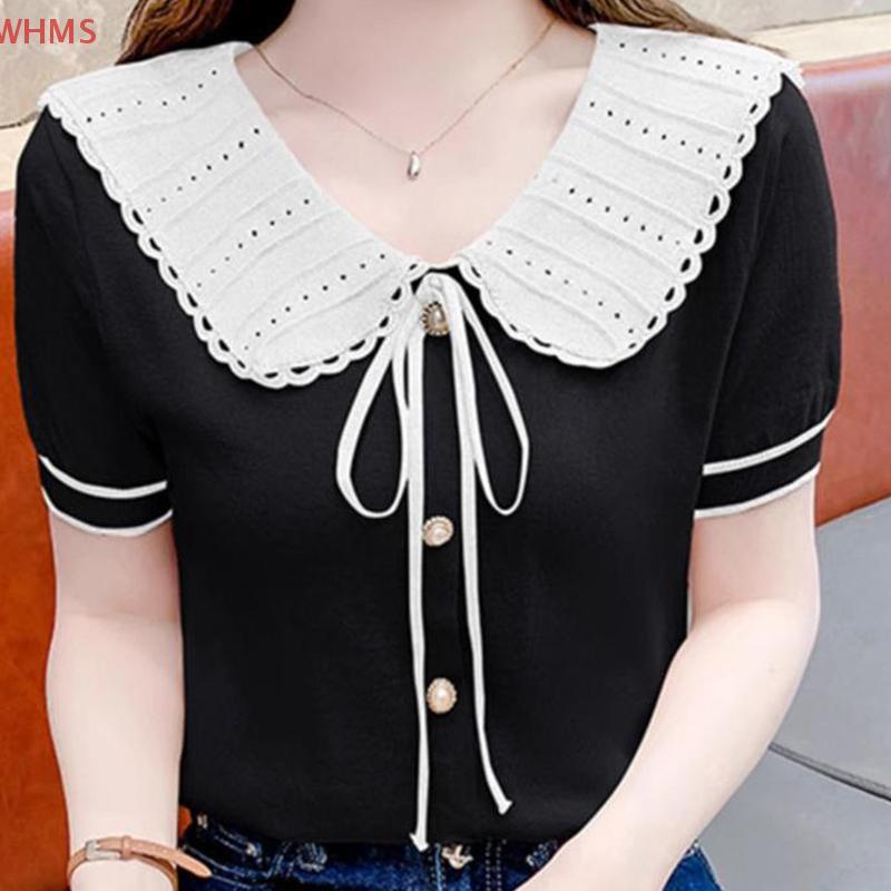 (wms)ฤดูร้อนเกาหลีหวานโบว์ผูกนัวเนียตุ๊กตาคอปกแขนสั้นอเนกประสงค์เสื้อถักสําหรับผู้หญิง