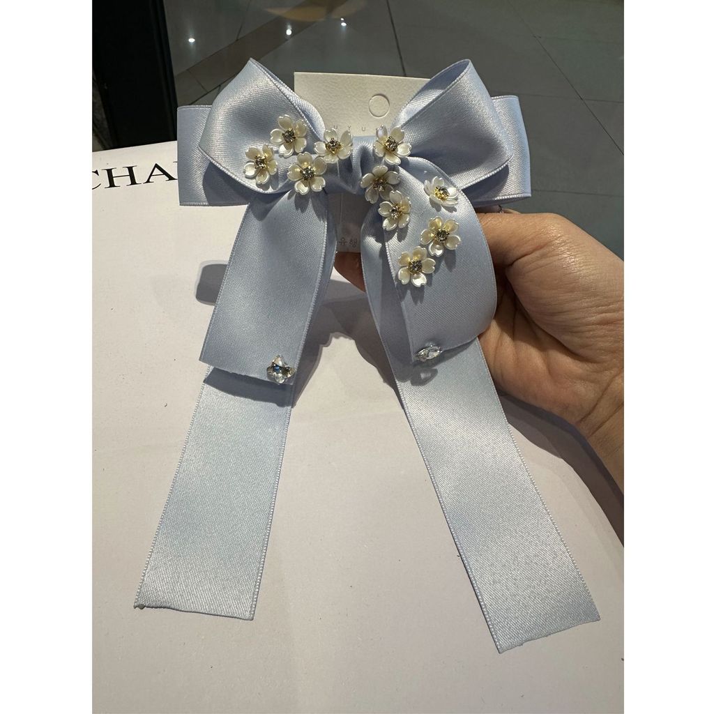 กิ๊บติดผมโบว์สีดําหรูหราดอกไม้ประณีต Embellishment เชือกริบบิ้น Retro Classy Back Head Top Clip