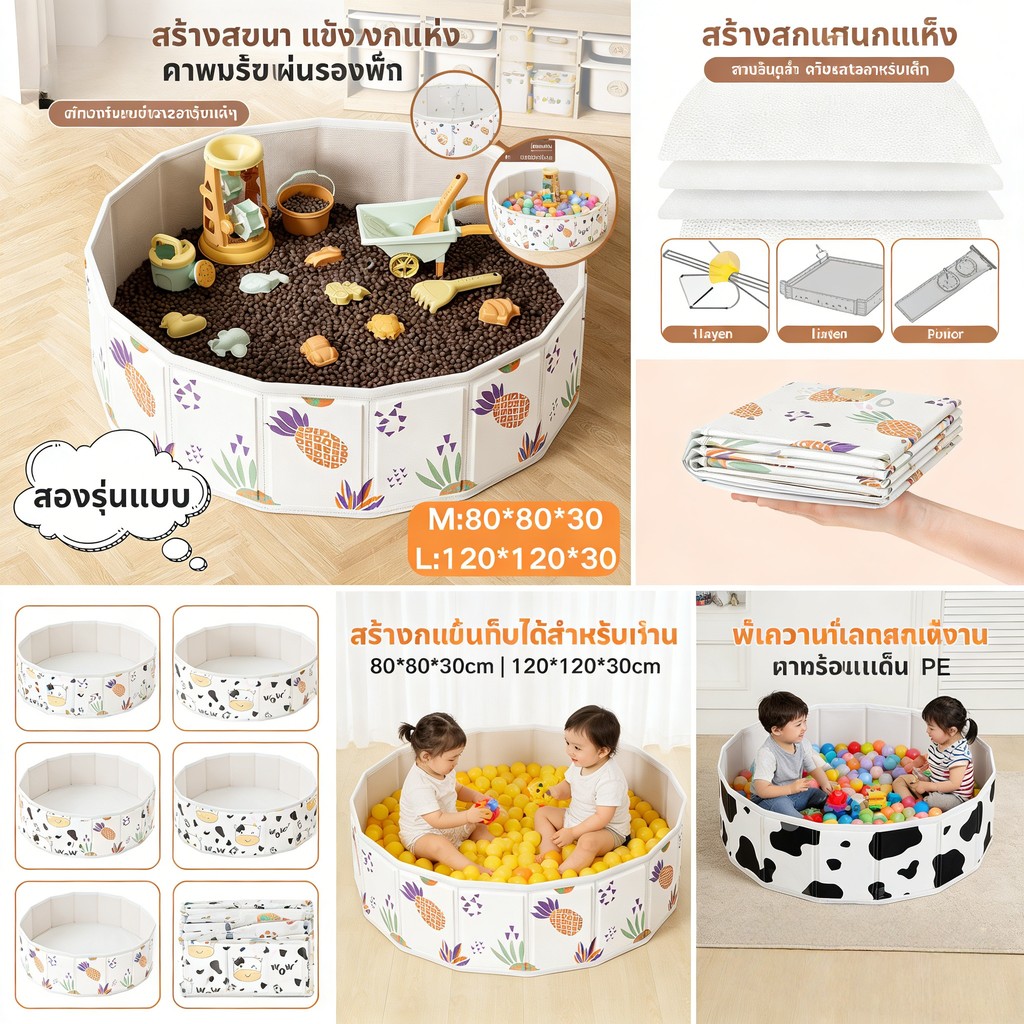 สระทรายเด็ก บ่อทราย พับได้ บ่อบอล วัสดุปลอดภัย ทนทาน ไม่ต้องเป่าลม พกพาสะดวก รั้วเด็กทารก