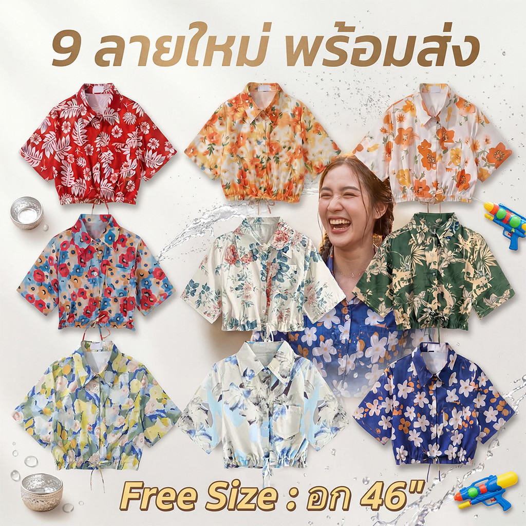 Chic พร้อมส่ง เสื้อเชิ้ต ครอป ลายดอก ใส่เล่นสงกรานต์ ผ้าคอตคอตบางๆ ใส่สบาย มีเชือกรูดสม็อคปลาย กระเป๋า 1 ข้าง