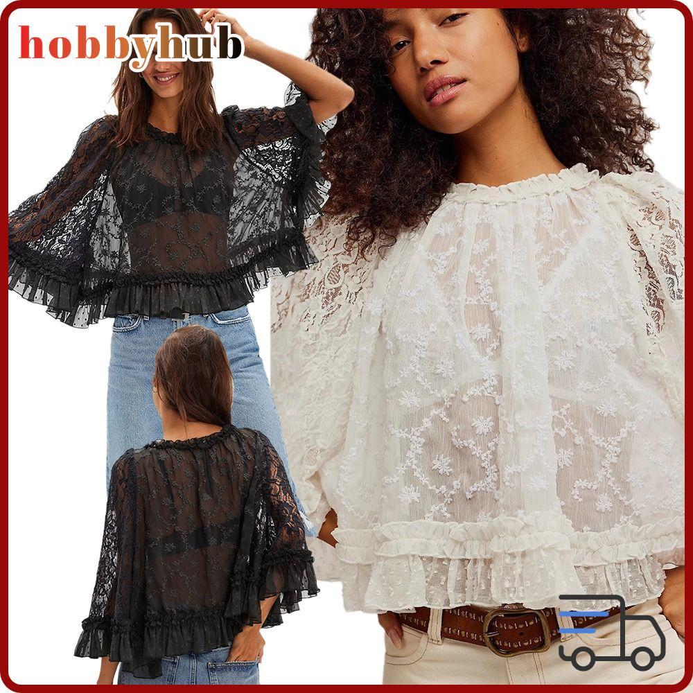 HOBBYHUB Ruffle Trim เสื้อ, Y2k O คอแขนยาว, แฟชั่นลูกไม้ Sheer ปุ่ม Up Flowy เสื้อออกไป
