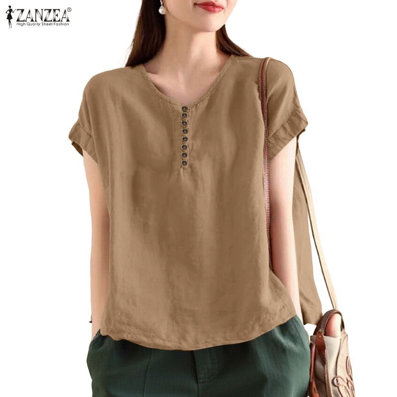 ZANZEA เสื้อลายแร็กแลนสำหรับผู้หญิง ทำจากผ้าฝ้ายและผ้าลินิน ออกแบบให้มีความคล่องตัวและมีปุ่มตกแต่ง