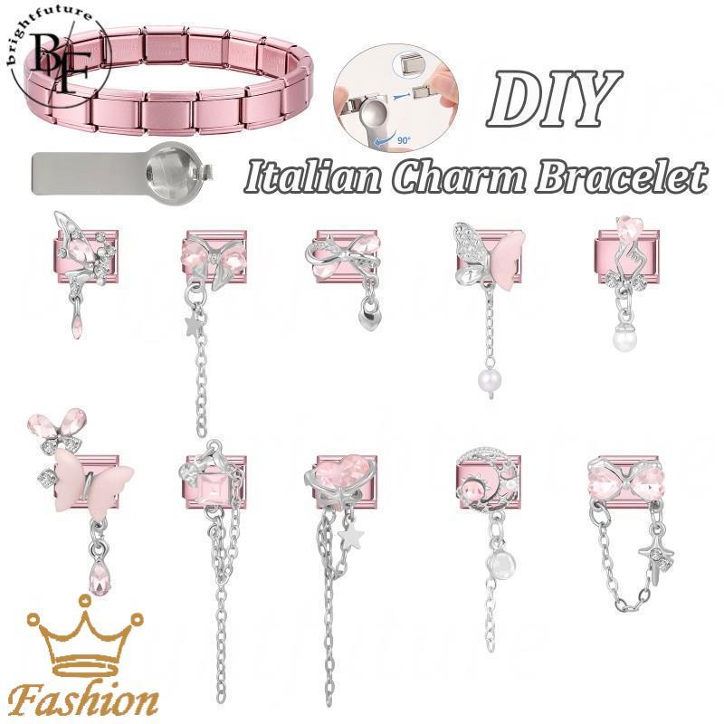สร้อยข้อมือเพชรสีชมพูผีเสื้อคู่ สไตล์อิตาลี ขนาด 9 มิลลิเมตร ทำจากสแตนเลส สำหรับคนชอบทำเอง ให้ลุคแบบวินเทจ