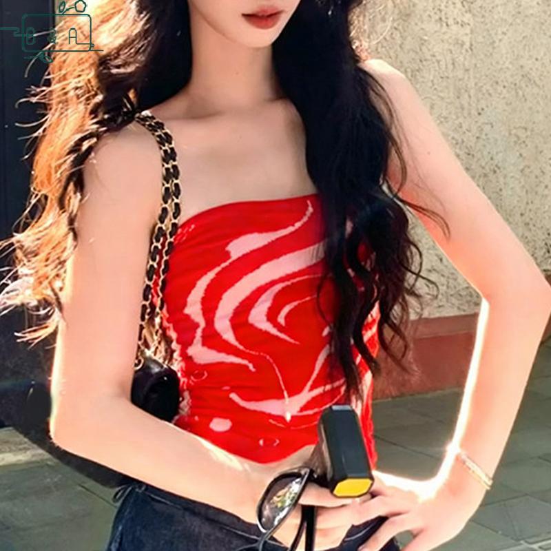 B&A Y2k Tie-dye Short-shirt Top Strapless Mesh Halter Tops Sleeve Bandeau Tank Tops Foring Out Stree