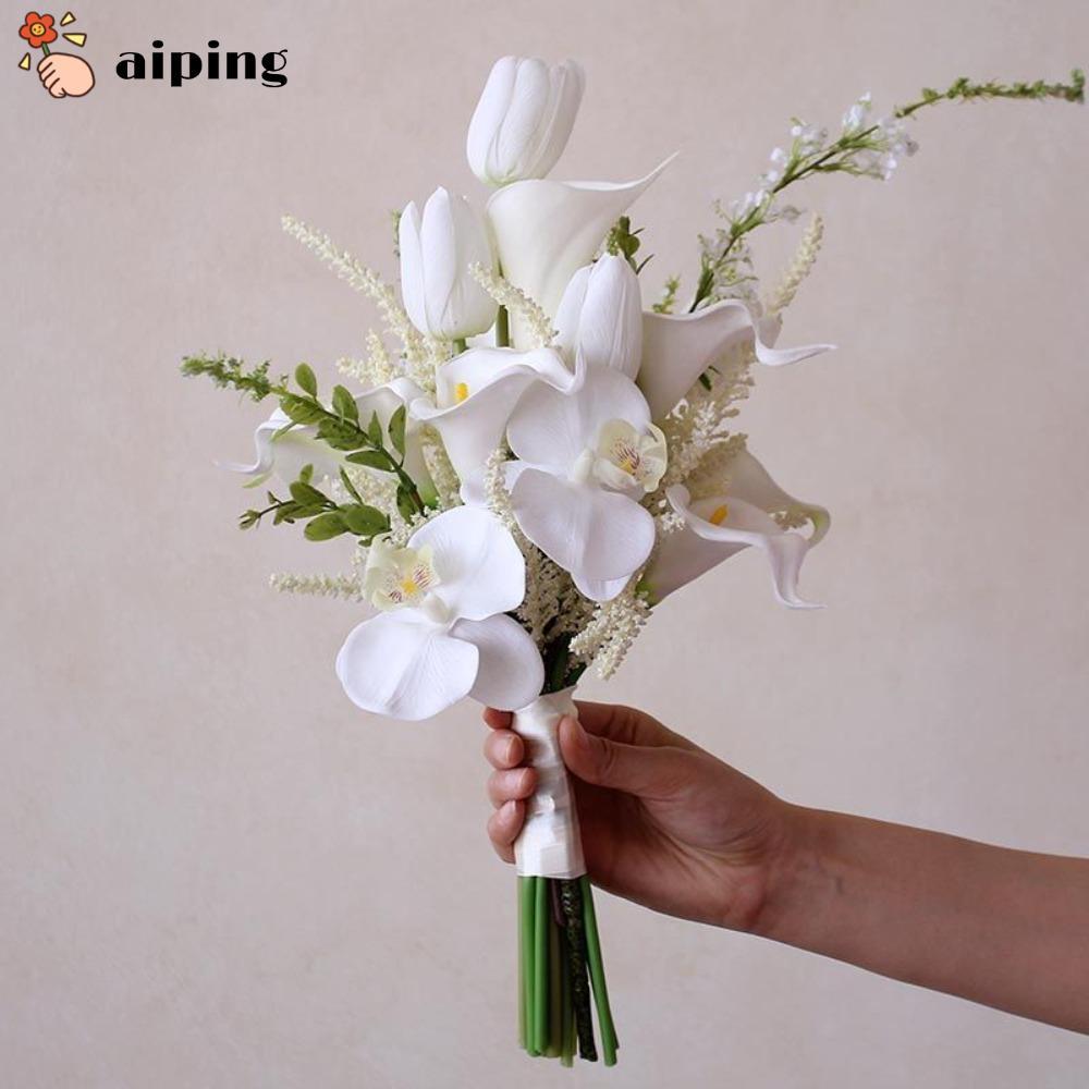 Aiping ช่อดอกไม้จําลอง, ช่อดอกไม้เจ้าสาวผ้าซาติน PU, ชุดแต่งงานกล้วยไม้ Calla Lily Phalaenopsis แบบใช้ซ้ําได้