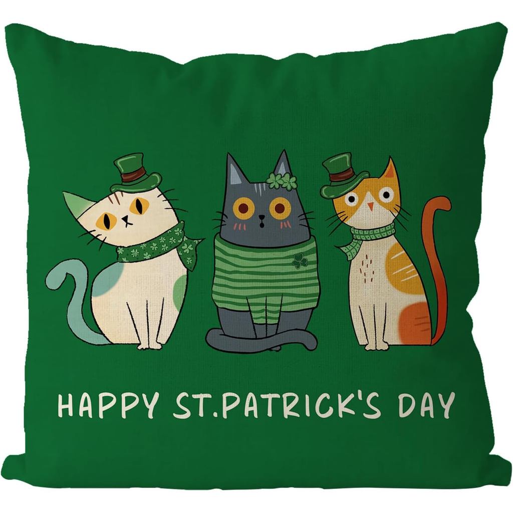 St Patricks Day Pillow Covers 18x18 นิ้ว Cat Green Throw ปลอกหมอน Happy St. Patricks Day Cushion Cas
