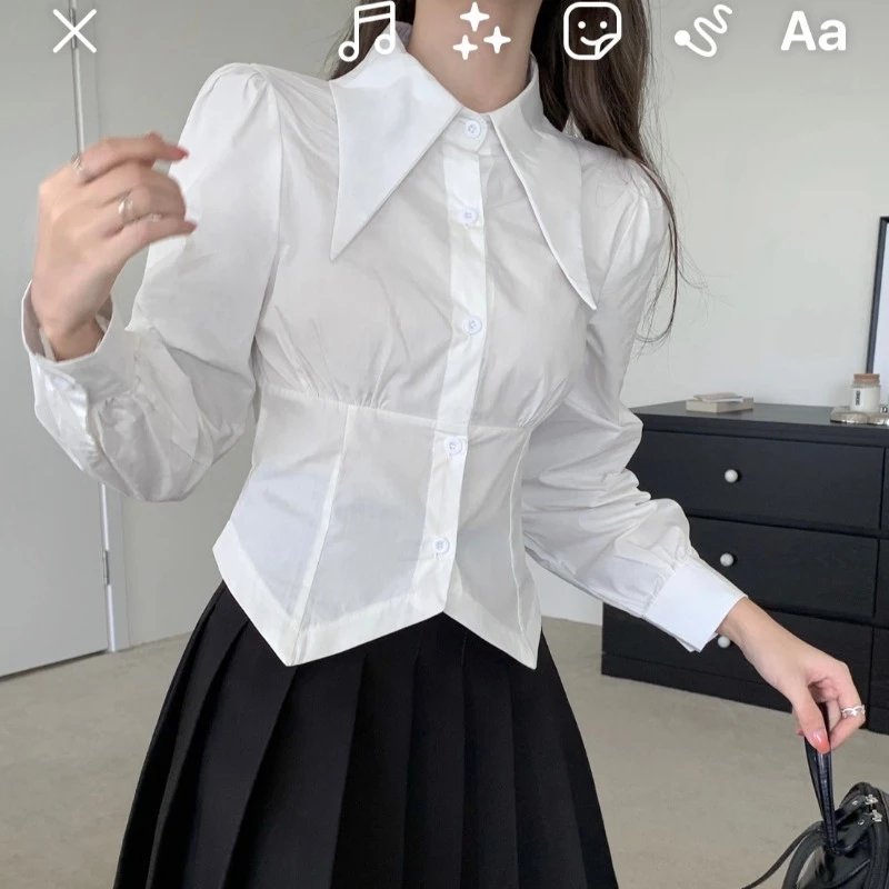 Puffy High-Sleeved Spring Shirt สีขาวสำหรับผู้หญิง