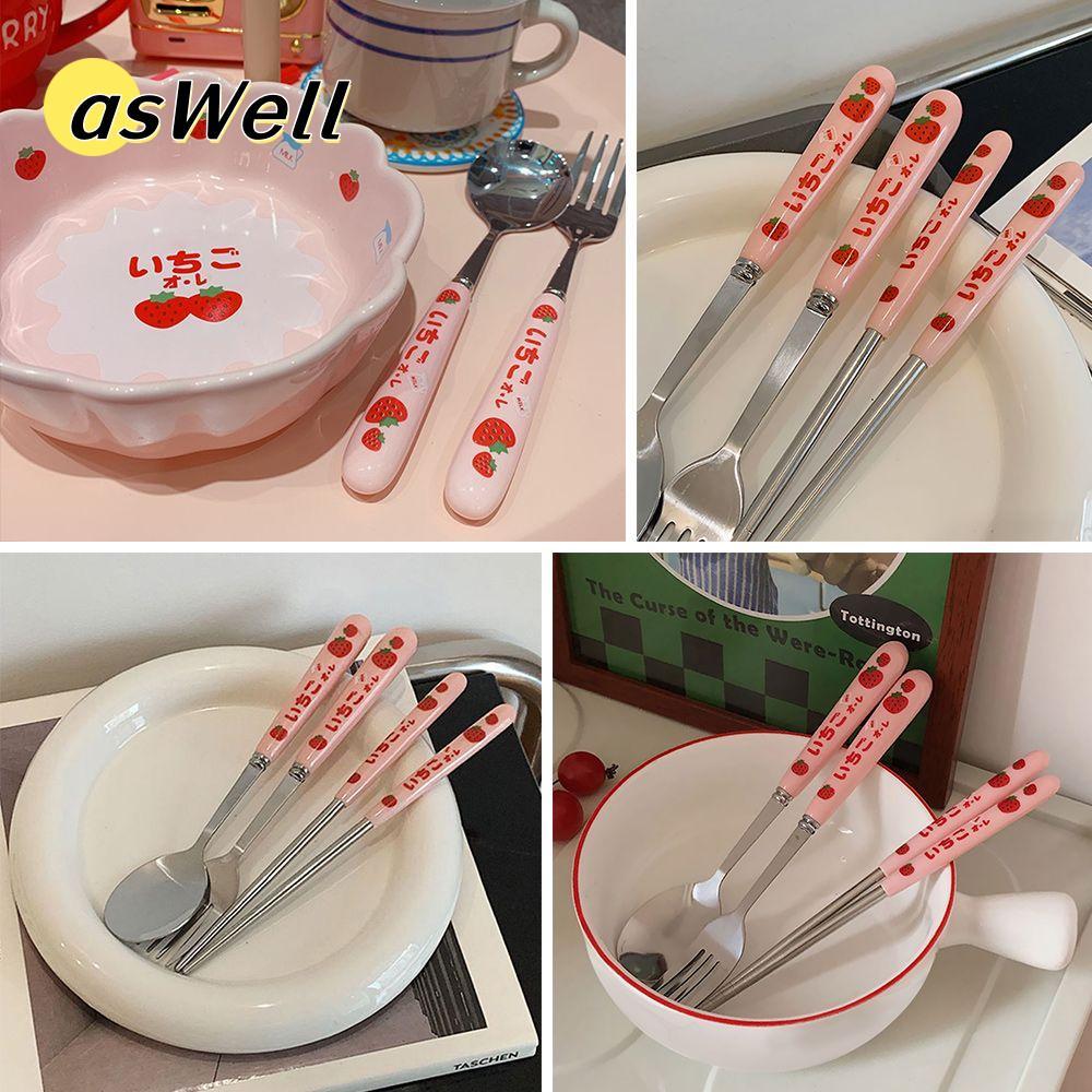 ASWELL Tableware อาหารเย็นสําหรับเดินทางสแตนเลสสตรอเบอร์รี่น่ารัก