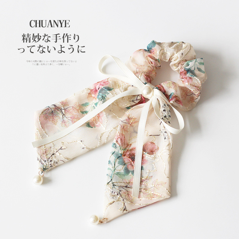 CHUANYE ปักดอกไม้ Bow Streamer ผม Tie หญิงสไตล์ใหม่แฟชั่น All-Match ผม Tie ยางรัด