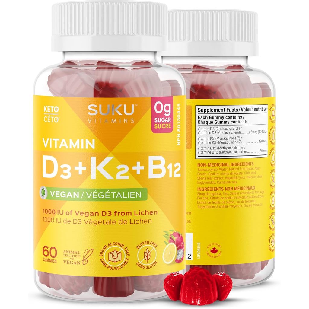 Suku Vegan D3+K2+B12 Gummies - 1000 IU Vitamin D3, มีทัลลินทรีย์ B12 และ K2MK7 - ไม่มีน้ำตาล, Non-GM