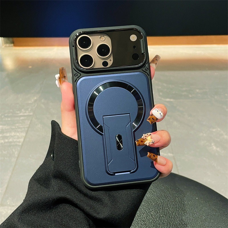 หรูหราแม่เหล็ก Matte พร้อมผู้ถือเคสโทรศัพท์สําหรับ iPhone 11 12 13 14 15 16 17 18 Pro Max Plus กันชนกลับกรณีฝาครอบ