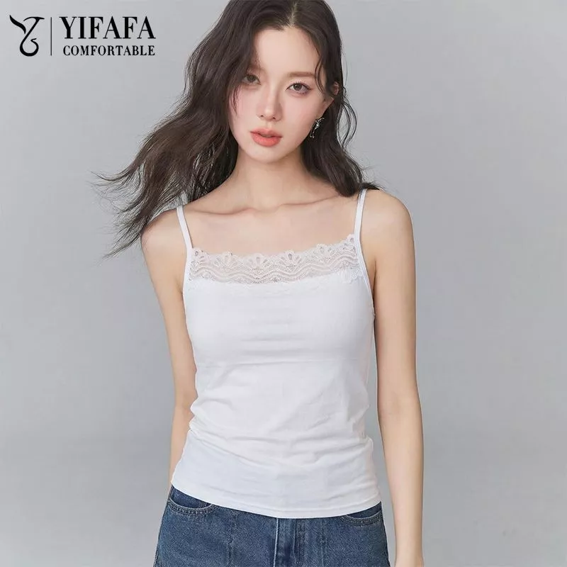 YIFAFA เสื้อกล้ามลูกไม้ เสื้อตัวนอก เสื้อซับในเรียบง่าย เข้าได้กับทุกชุด สไตล์เซ็กซี่แบบสาว Spice Girl สำหรับผู้หญิง