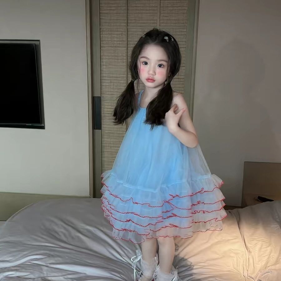 เดรสเด็กผู้หญิง สายเดี่ยว ผ้าตาข่าย ฟูฟู น่ารัก สไตล์เจ้าหญิง สไตล์เกาหลี ใส่สบาย ชุดหน้าร้อน