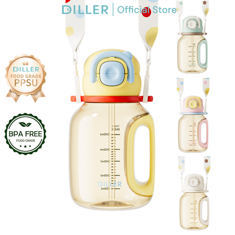 ขวดน้ํา Diller ป้องกันความร้อน 180℃, PPSU, ปลอดสาร BPA, หัวคู่, ป้องกันการรั่วซึม, สายรัด, 750ml D2605