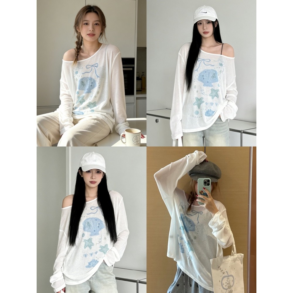 ⭐Soroh⭐เสื้อยืด แขนยาว ปาดไหล่ ลายท้องทะเล น่ารักๆ ทรงหลวม เสื้อผู้หญิง แฟชั่น สไตล์สาวเกา ใส่ได้หลายแบบ