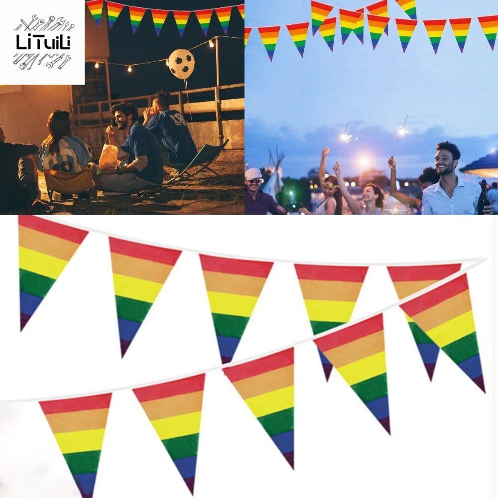 AKAMA ธงสายรุ้ง,มัลติฟังก์ชั่สามเหลี่ยมสีสันสามเหลี่ยมธง,อุปกรณ์ตกแต่ง 5M 10 Faces PE เลสเบี้ยนวัน P