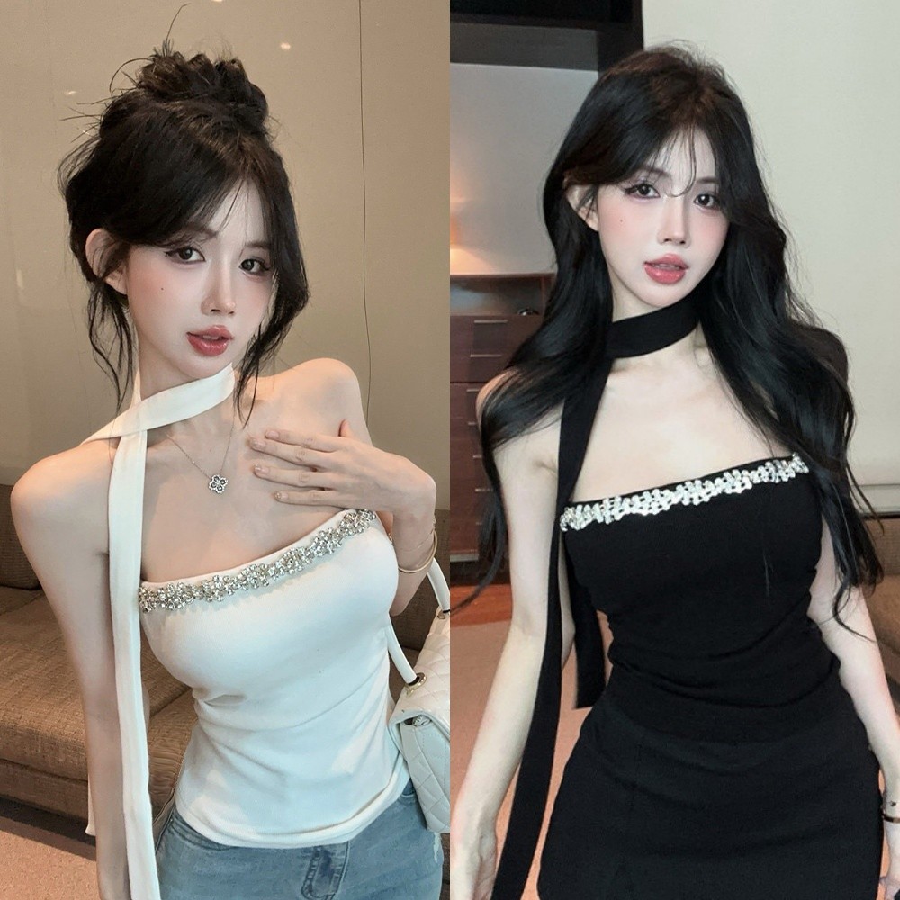 Soroh เสื้อเกาะอก แถมผ้าพันคอเก๋ ตกแต่งเพชร พอดีตัว เซ็กซี่ เสื้อแขนกุด แฟชั่น ใส่สบาย พร้อมส่ง