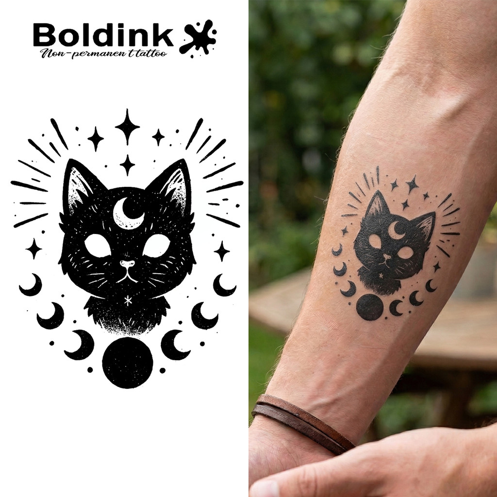 Boldink Magic Tattoo New กันน้ำ สมจริงจากสมุนไพร สติกเกอร์ชั่วคราวลายเสือป่าน่ารัก Moon Cat ขนาด 8 และ 10 ซม.
