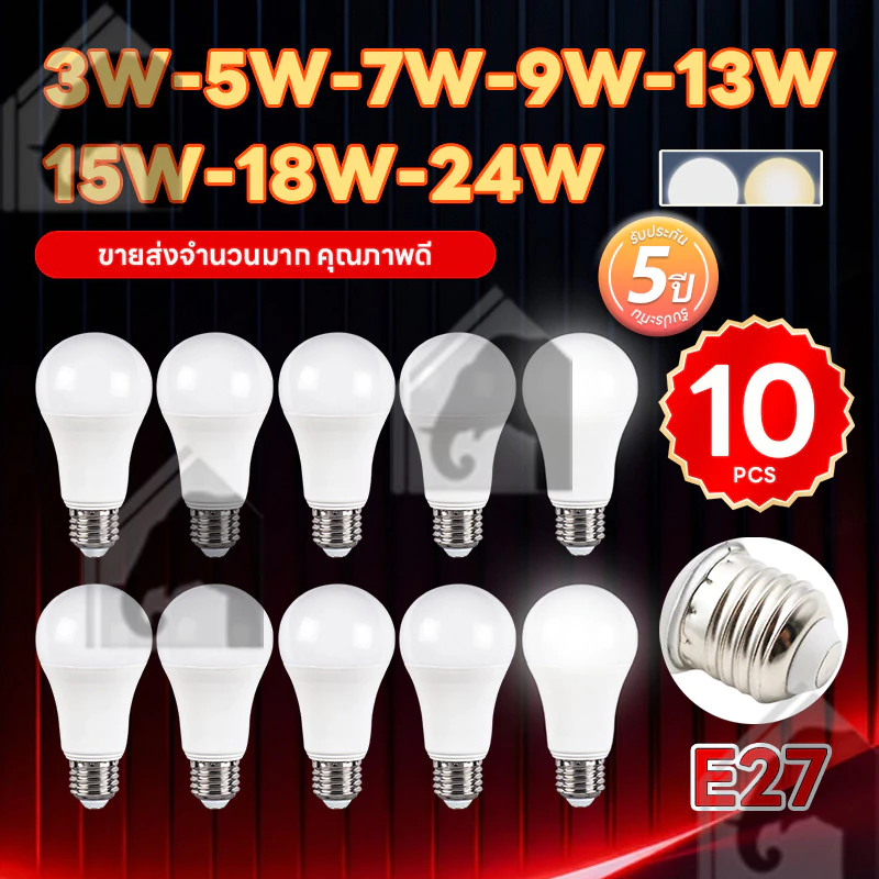 2026ใหม่ล่าสุด แพ็ค10ชิ้น ยิ่งคุ้ม หลอดไฟ LED แสงไฟสีขาว ทรงกลมขั้ว E27 AC 220V~50Hz 24W 18W 15W 12W 9W 7W 5W 3W