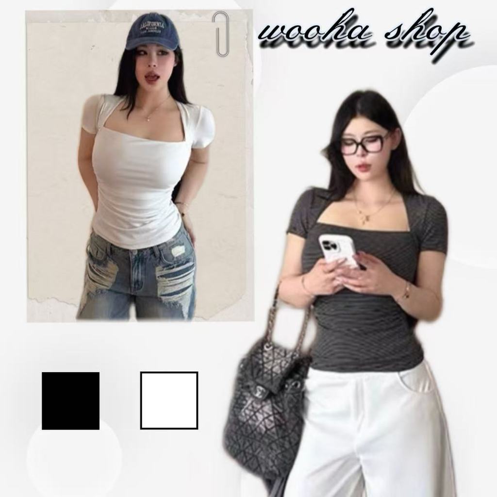 🥰wooha shop🥝เสื้อยืดแขนสั้นคอเหลี่ยมสำหรับผู้หญิง ดีไซน์ใหม่สำหรับฤดูร้อนปี ช่วยให้ดูผอมเพรียวและเซ็กซี่