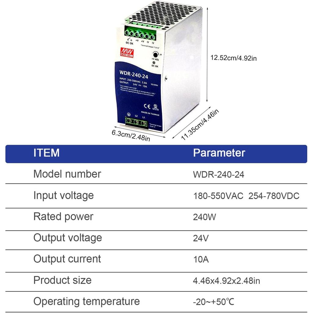 WDR-240-24 240W 24V 10A แหล่งจ่ายไฟสลับ AC-DC ประสิทธิภาพสูง - แรงดันไฟฟ้าอินพุตกว้างสําหรับระบบอัตโ
