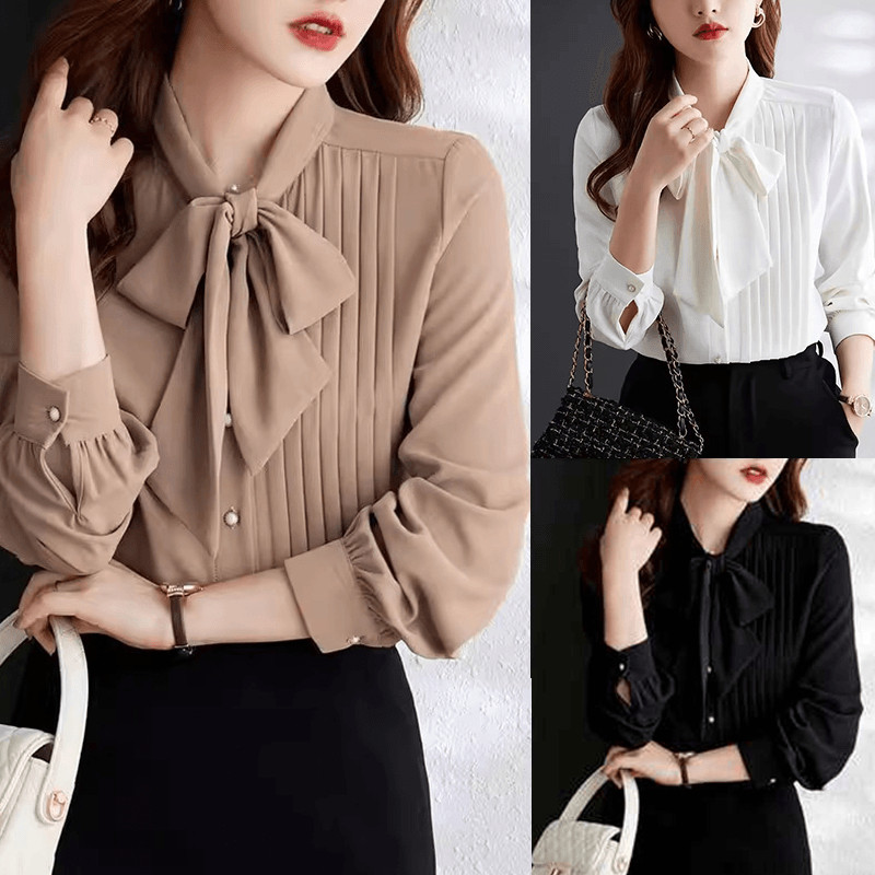 99348 เสื้อเชิ้ตแขนยาวผ้าชีฟองผูกโบว์แบบใหม่สำหรับผู้หญิง ดีไซน์จับจีบ เหมาะสำหรับสวมใส่ในฤดูใบไม้ผลิและฤดูใบไม้ร่วง