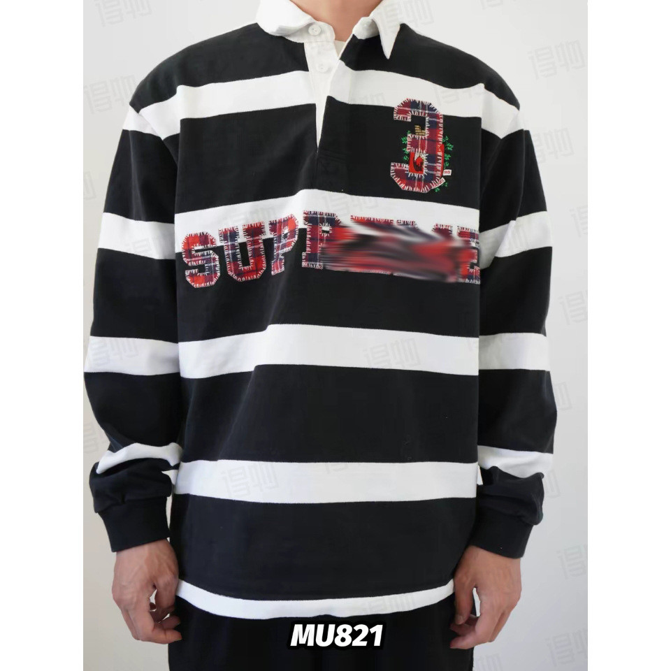 3CUI supreme Stripe Rugby Checkered Appliqué Embroidered Pattern Long Sleeve Rugby Shirt T Shirt POL